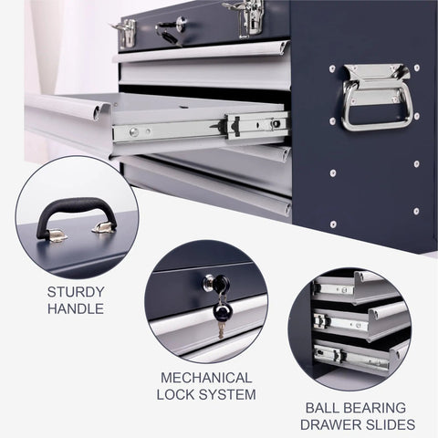Close-up of Road Ready 21 Inch Auto Locking Tool Chest with sturdy handle, mechanical lock, and ball bearing drawer slides.