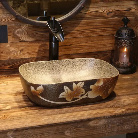 USZWBY Vessel Sinks Bathroom Vanity Sink Vintage Art Countertop Basin Chinese-Style Ceramic Washbasin on wooden countertop.