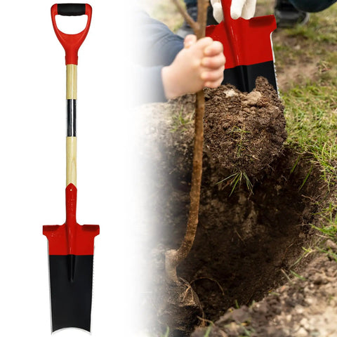 Do It All Steel Square Shovel With D Handle For Digging, Trenching, Lawn Edging And Root Work, Serrated Crescent Edge, 47.2 Inch Length, Red And Black Heavy Duty Garden Spade For Tough Dirt in use for trenching in garden