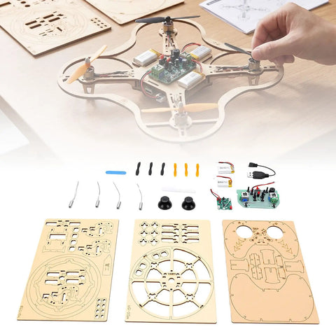 DIY Wooden Drone Kit With Dope Protective Frame For Safe Flying, 3 Speed RC Quadcopter components and assembly parts shown