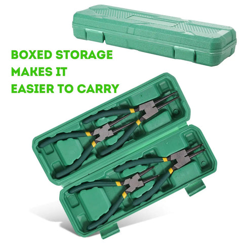 7 Inch Heavy Duty Snap Ring Pliers Set For Retaining Rings Internal And External Removal With Straight Tips in green case