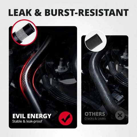 Comparison of EVIL ENERGY leak-proof heater hose with standard hose showing cracks and leaks, highlighting durability.