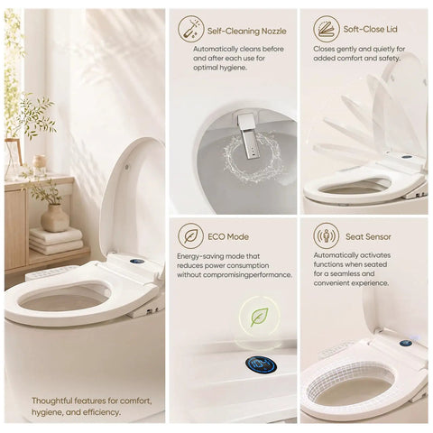 No Fuss Electric Bidet Toilet Seat For Elongated Toilets With Heated Seat And Instant Warm Air Dryer Featuring Adjustable Water Pressure And Dead Simple Side Controls, showing self-cleaning nozzle and seat sensor.