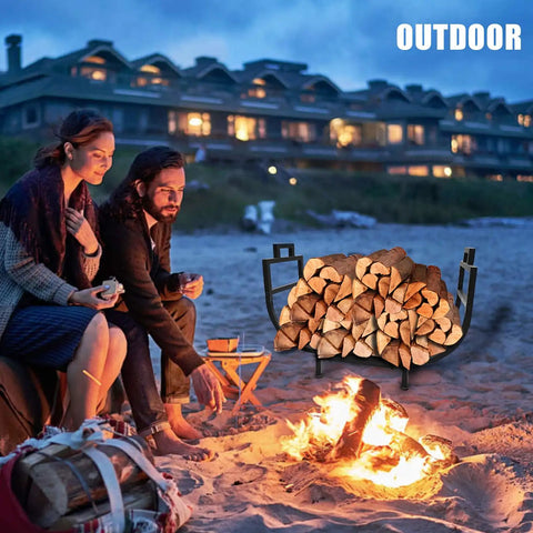 Couple by outdoor fire pit with 30 Inch Firewood Rack With Log Carrier Bag Upgraded Taller Version, steel rack in background.