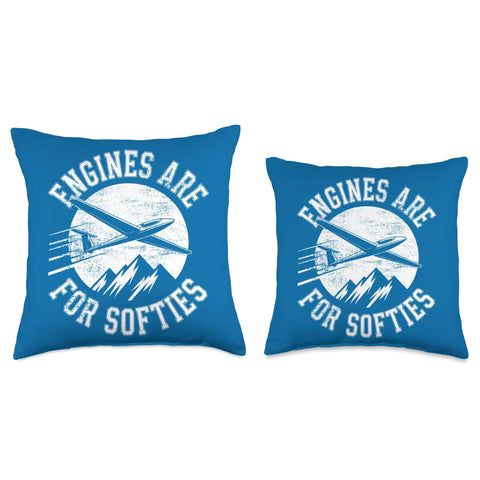 Soaring Club Sailplane Throw Pillow For Glider Enthusiasts with slogan 'Engines Are For Softies', two sizes, blue polyester fabric.