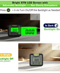 Heavy Duty Digital Angle Level And Inclinometer With Rock Solid Magnet Base And Bright Lcd Screen showing backlight function in dark and bright settings.