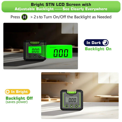 Heavy Duty Digital Angle Level And Inclinometer With Rock Solid Magnet Base And Bright Lcd Screen showing backlight function in dark and bright settings.