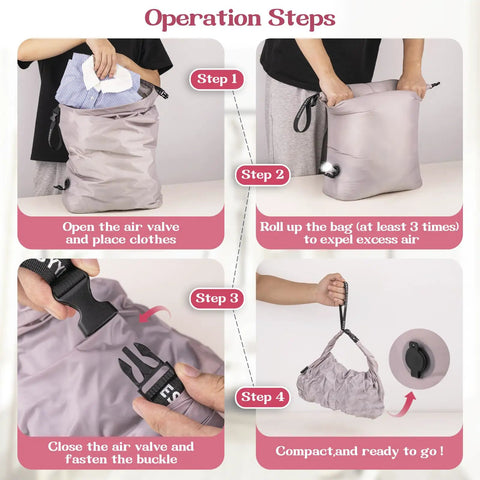 Step-by-step operation of Travel Laundry Bag For Dirty Clothes With Waterproof Moisture Resistant Vacuum Compression Space Saving Organizer For Cruise Gym And Beach Trips Keeps Your Luggage Tidy And Clothes Fresh On The Go