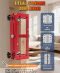 All In One Pro Door Hinge Jig And Lock Installation Kit With Aluminum Router Template on display, showing hinge sizes.