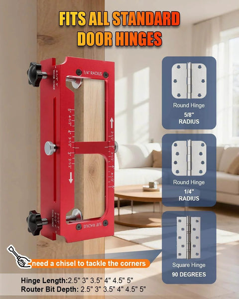 All In One Pro Door Hinge Jig And Lock Installation Kit With Aluminum Router Template on display, showing hinge sizes.