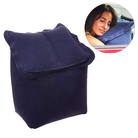 Inflatable Head And Neck Travel Pillow With Ergonomic Patented Design For Airplanes Cars Buses Trains Office And Outdoor Camping Portable Napping Pillow Gift For Men And Women Super Comfy For Long Trips shown inflated with woman using it