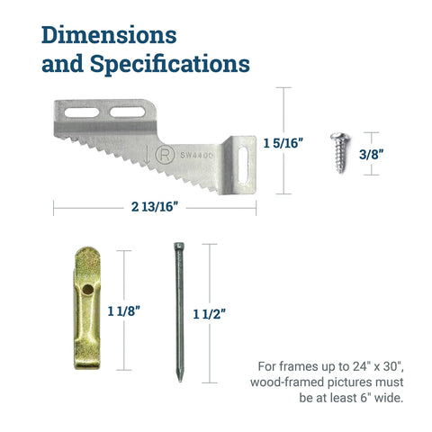 Rock Solid Self Leveling Sawtooth Picture Frame Wall Hangers For Wood Art Displays With No Hassle Easy Install Hardware Kit Holds Up To Thirty Pounds Super Legit Five Piece Set dimensions display with specific sizes and specifications for installation.