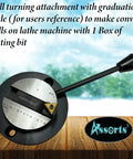 Ball turning attachment for lathe with graduation scale; black base, silver scale, long black handle, cutting bit