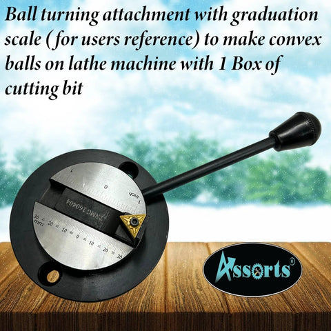 Ball turning attachment for lathe with graduation scale; black base, silver scale, long black handle, cutting bit