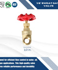 1/2 in sweat gate valve with brass body and red handwheel, front view