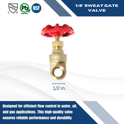 1/2 in sweat gate valve with brass body and red handwheel, front view