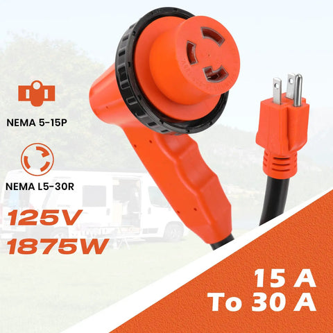 Overload Protection RV Power Adapter Cord With Circuit Breaker 15 Amp To 20 Amp Household To 30 Amp RV Twist Lock Converter
