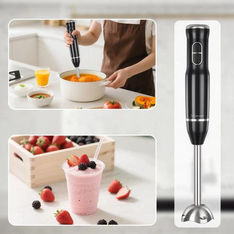 Badass Cordless Hand Blender With High Octane 400 Watt Motor And Dual Speed Controls For Effortless Soup Pureeing And Smoothie Blending Featuring Heavy Duty Stainless Steel Blades Plus Leak Proof Bpa Free Build in use, blending soup in a pot.