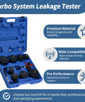 Front view of Turbo System Leakage Tester Kit in a blue carrying case with four adapters and pressure gauge.