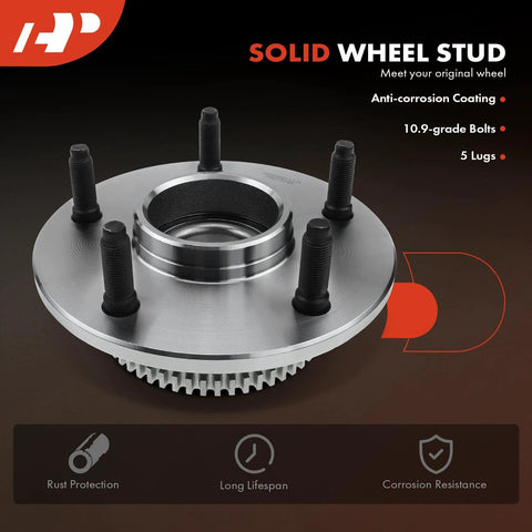 Front Wheel Bearing And Hub Assembly With ABS Ring For Dodge Ram 1500 2000 2001 5 Lug RWD Only Premium Grade Wheel Hub Replacement Kit For Smooth Handling And Beefed Up Axle Support, featuring anti-corrosion coating, 10.9-grade bolts, and 5 lugs.