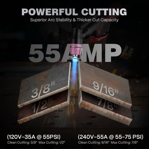 IControl CUT55 Prolux Plasma Cutter With APP Control 55 Amp Non Touch Pilot Arc cutting through metal sheets with sizes 3/8, 1/2, 9/16, 7/8 inch visible.