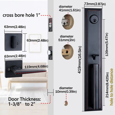 Front Door Handleset With Full Escutcheon And Slim Lever Lock, Single Cylinder Deadbolt, Left Or Right Handed, Oil Rubbed Bronze Finish, 16.5 Inch By 2.87 Inch, Keyed Entry Security Door Hardware, product dimensions with annotations