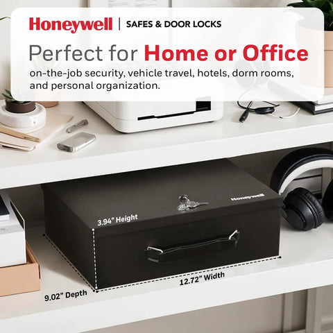 Compact Home Safe Box With Fire Resistant Insulation And Dual Key Lock Heavy Duty Steel Stash Safe For Jewelry Cash And Personal Documents 0.17 Cubic Feet Black on a shelf in an office setting.