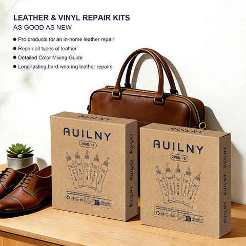 Leather Repair Kit For Furniture, Cars, Jackets, And Purses, DIY Color Match Kit boxes on a table with leather purse and shoes in background.