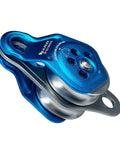 Close-up view of Upgraded Rescue Double Pulley Sheave With Swing Plate For Backyard Zipline And Climbing Adventures, High Strength CE Pulley Supports 13 mm Rope And Up To 6750 Lbs, Smooth Stainless Bearings, 360 Degree Rotating Side Panels, Blue showing stainless steel bearings and blue aluminum alloy frame