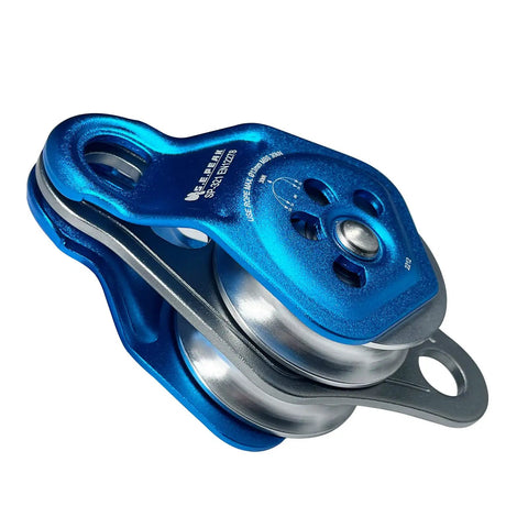 Close-up view of Upgraded Rescue Double Pulley Sheave With Swing Plate For Backyard Zipline And Climbing Adventures, High Strength CE Pulley Supports 13 mm Rope And Up To 6750 Lbs, Smooth Stainless Bearings, 360 Degree Rotating Side Panels, Blue showing stainless steel bearings and blue aluminum alloy frame