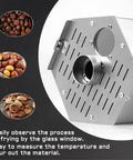 Badass Build Hella Spacious Gas Coffee Bean Roaster With Thermometer And Stainless Steel Drum showing glass window and stainless steel design.