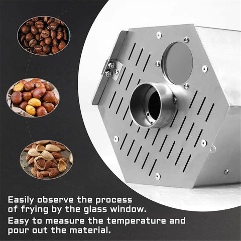 Badass Build Hella Spacious Gas Coffee Bean Roaster With Thermometer And Stainless Steel Drum showing glass window and stainless steel design.