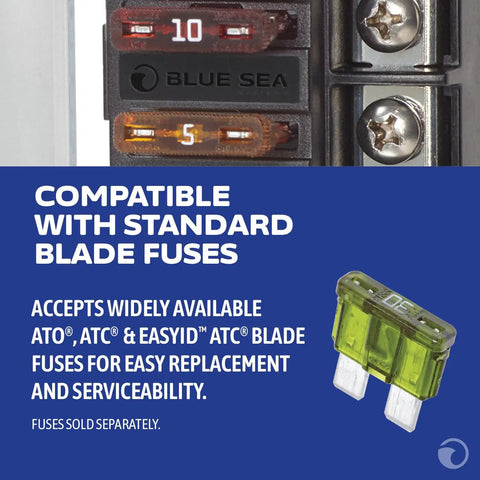 Eight Circuit Blade Fuse Block With Cover For Boats showing compatibility with ATO ATC fuses and detailed fuse view