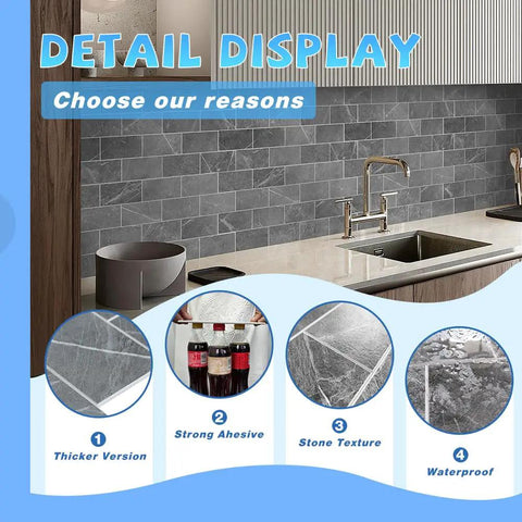 Dark Gray Peel And Stick Floor Tile Set With Faux Marble Look Subway Tiles for kitchen backsplash detail display.