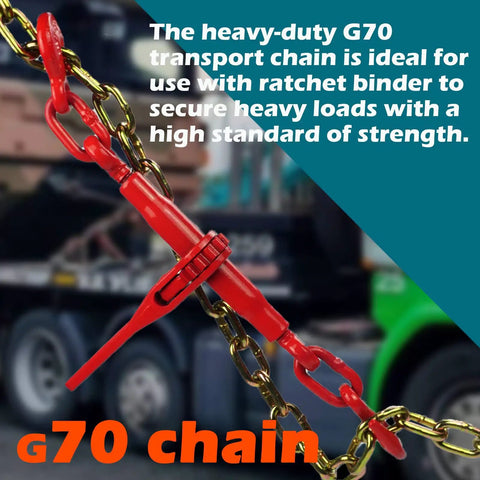 G70 Five Sixteenth Inch Ten Foot Transport Chain With Clevis Hooks For Cargo Securement, Heavy Duty Two Pack, Rated Load 4,700 Lb, Breaking Strength 18,800 Lb, Yellow Zinc Finish For Easy Identification And Durability
