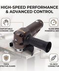 Heavy Hitting Pneumatic Air Angle Grinder Pumping 10000 RPM Kick For Rapid Material Removal Along With Lightweight Composite Shell and Smooth Contoured Handles.