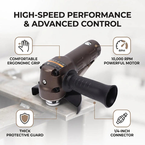 Kickass Pneumatic Air Angle Grinder With A Grippy Handle And Featherweight Design Delivers Smooth 10000 Rpm Power with ergonomic grip and protective guard.