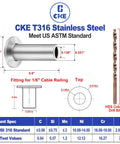 Diagram showing CKE T316 stainless steel protector sleeve dimensions and drill bit, for 1/8 inch cable railing system.