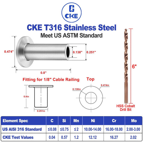 Diagram showing CKE T316 stainless steel protector sleeve dimensions and drill bit, for 1/8 inch cable railing system.