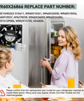 Evaporator Fan Motor Replacement For GE Refrigerators, Upgraded WR60X26866, Durable ABS Build shown with refrigerator
