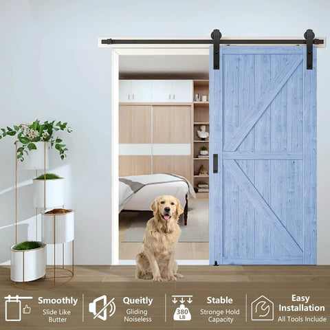 Beefed Up 6Ft Sliding Barn Door Hardware Kit With Smooth And Quiet Operation easy install on blue wood door in living space