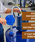 Heavy Duty Cast Iron Rotary Drum Pump That Hauls Diesel Motor Oil And Kerosene Straight Out Of Full Size Fifty Five Gallon Barrels With Zero Electric Plug Required For Farm Or Shop Use, featuring steel discharge spout.