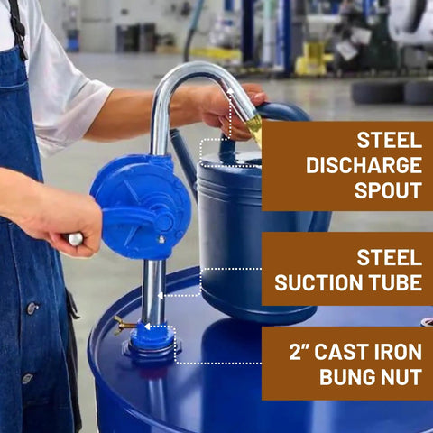 Heavy Duty Cast Iron Rotary Drum Pump That Hauls Diesel Motor Oil And Kerosene Straight Out Of Full Size Fifty Five Gallon Barrels With Zero Electric Plug Required For Farm Or Shop Use, featuring steel discharge spout.