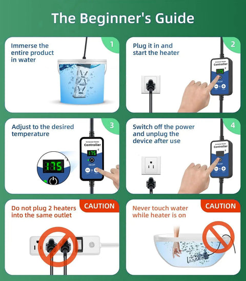 Instructions for using 1800W Immersion Water Heater With Thermostat, Submersible Electric Heater For Buckets Tubs And Mini Pools.