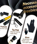 Necessary accessory freebies for 58 Inch Grade A Canadian Maple Pool Cue featuring joint protector, tip pick, and glove.