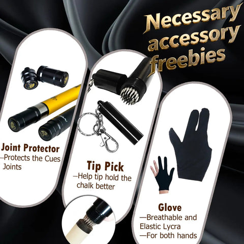 Necessary accessory freebies for 58 Inch Grade A Canadian Maple Pool Cue featuring joint protector, tip pick, and glove.
