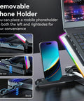 Eight Fan Gaming Laptop Cooling Pad for 15 to 17.3 Inch Notebooks With RGB Lighting Dual USB Ports Phone Stand And Six Height Adjustable Ergonomic Stand showing installed removable phone holder with RGB lighting alongside notebook.