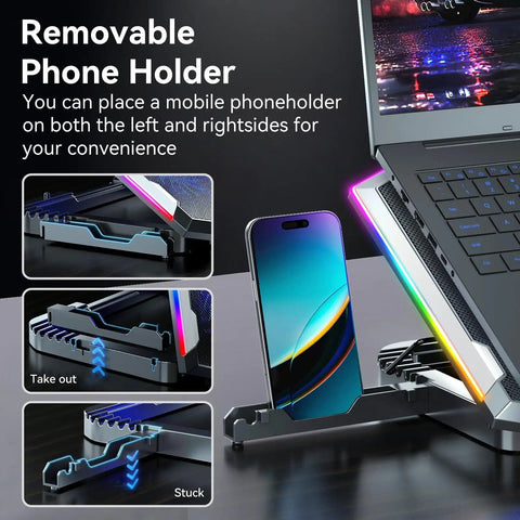 Eight Fan Gaming Laptop Cooling Pad for 15 to 17.3 Inch Notebooks With RGB Lighting Dual USB Ports Phone Stand And Six Height Adjustable Ergonomic Stand showing installed removable phone holder with RGB lighting alongside notebook.