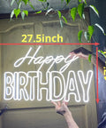 Massive Happy Birthday Neon Sign For Wall Decor With Dimmer Switch, 12V Reusable Light, held against door, size 27.5 x 17 inches