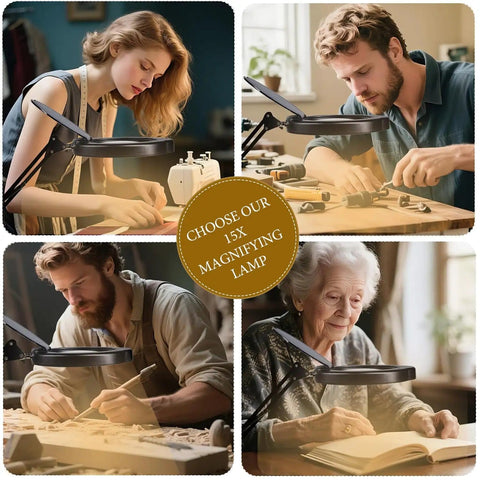 People using 15X Magnifying Desk Lamp With Clamp Real Glass Lens 84 LED Illumination 5 Color Modes Dimmable for crafting and reading